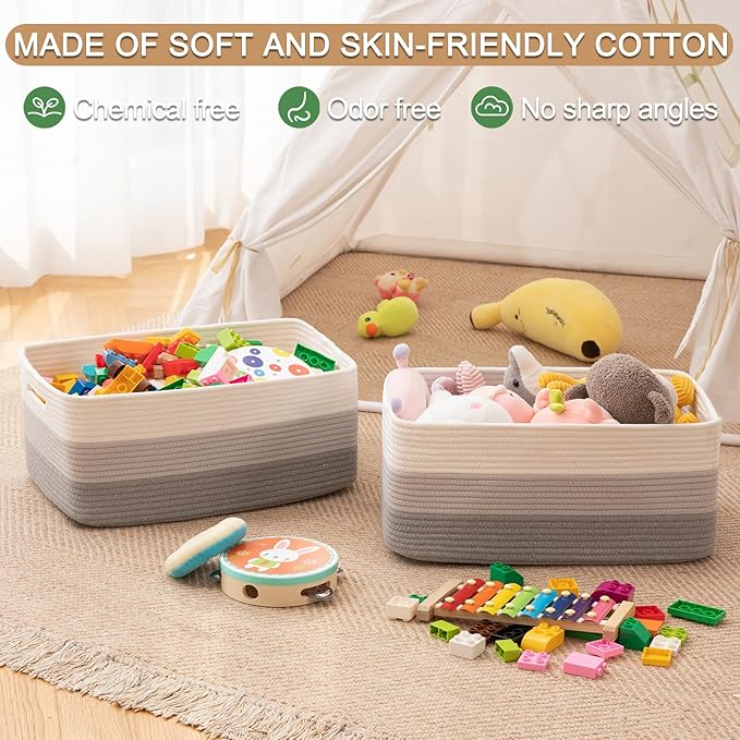 Large Storage Basket for Organizing, Woven Rope Basket for Shelves, Closet Organizer Bins for Clothes, Blanket, Toys, Baby Nursery Storage, 17.7" x 13" x 7.87", 2 Packs Gradient Grey-Ruum Studio Home