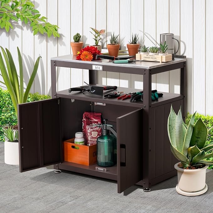 Garden Potting Bench with Storage Cabinet,Outdoor Gardening Table & Work Bench for Plants, Horticulture,Outdoor Workstation with Stainless Steel Tabletop,Outdoor Work Table-Ruum Studio Home