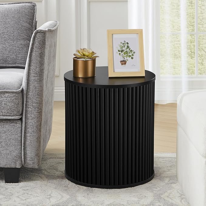 AVZEAR Small Round Side Table Fluted Night Stand Set of 2, Mid Century Modern End Table with Storage, Circle Bedside Tables Wood Nightstands for Small Spaces, Living Room, Bedroom (Black)-Ruum Studio Home