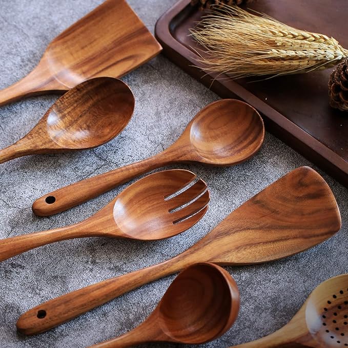 Wooden Non-Stick Kitchen Pan Toolset 7 Pieces Set,100% Natural Teak Kitchen Utensils Spatula, Wooden Cooking Utensils Spoons, Fried Spatula and Salad Fork-Ruum Studio Home