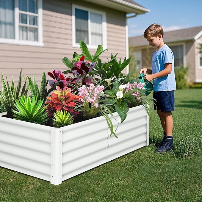 Galvanized Raised Garden Bed Outdoor, 2 Pcs 6x3x1.5FT Outdoor Large Planter Raised Beds Open Base with Safety Edge and Glove for Vegetables Flowers Ground Planter, White-Ruum Studio Home