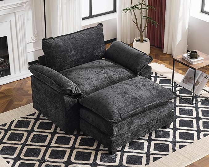 Karl home Oversized Accent Chair Chenille Sofa with Chaise, Modern Sofa Chair with Removable Ottoman Modular 1-Seater Couch and 2-Layer Ottoman for Living Room, Apartment, Studio, Black-Ruum Studio Home