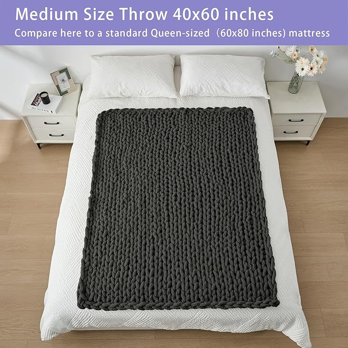 Bigacogo Chunky Knit Throw Blanket for Couch, 40x60 inches, 100% Hand Knitted with Thick Jumbo Chenille Yarn, Cozy Soft Large Rope Knot Cable Crochet Blankets for Sofa Bed Living Room, Dark Grey-Ruum Studio Home