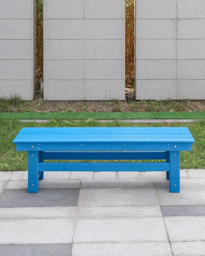 HDPE Outdoor Bench, 55" Patio Bench Outdoor Furniture, Poly Lumber Adirondack Benches, All Weather HDPE Patio Garden Backless Benches for Park, Poolside, Deck, Porch, Sky Blue-Ruum Studio Home