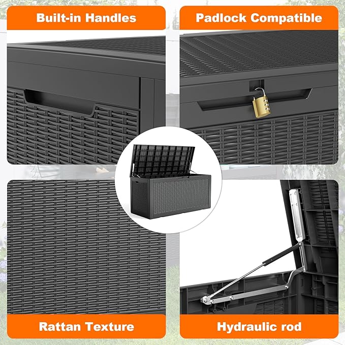 100 Gallon Resin Deck Box, Lockable Patio Outdoor Storage Box for Furniture, Garden Tools and Tools Storage, Waterproof Outside Storage Boxes - Black-Ruum Studio Home