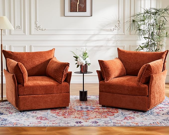 Oversized Accent Chair, Upholstered Modern Sofa Chair with Removable Backrest & Detachable Cover, 24.5" Deep Seat Large Reading Armchair for Living Room Bedroom - Chenille Terracotta Set of 2-Ruum Studio Home