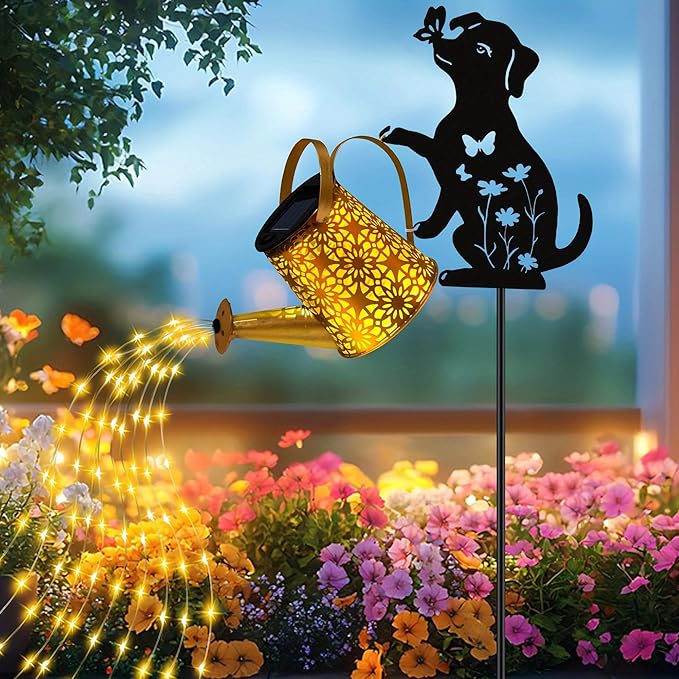 Solar Lights Outdoor Decorative, Watering Can with Cascading Lights, with Dog Silhouette Garden Stakes, Waterproof Metal Garden Decor for Yard Art, Outside, Patio, Lawn Ornaments(1 Pack)-Ruum Studio Home