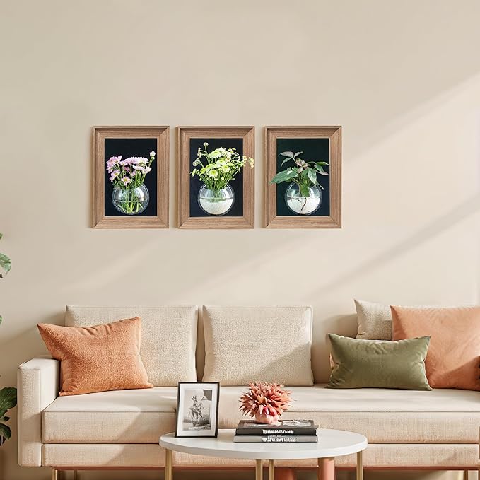 Walnut Wooden Frame Wall Hanging Planter for Hydroponic Plants，12'' x16''inch Wall Vase with Oblate-Shaped Acrylic Propagation Station，Bathroom, Office, or Living Room Decor, Set of 3-Ruum Studio Home
