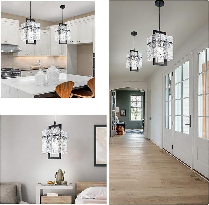 IKK Black Crystal Pendant Light for Kitchen Island, Luxury Water Ripple Glass Chandelier Lights Fixture, Modern Elegant Adjustable Pendant Lighting for Dining Room Bedroom, E12 Bulb, L6.5'' x H11.8''-Ruum Studio Home