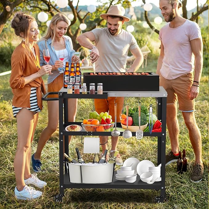 Outdoor Grill Cart Table,Indoor and Outdoor Pizza Oven Table,with 4 Movable Total Lock Casters, Hooks, Side Handle Multifunctional (Stainless Steel Table)-Ruum Studio Home