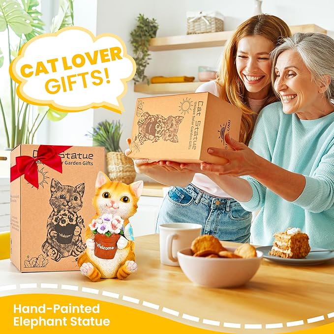 GIGALUMI Solar Garden Decor Flower Pot Cat Statues Outdoor, Birthday Gifts for Women Mom Grandma Senior Elder, Cat Ornament for Balcony, Garden, Patio, Yard, Lawn-Ruum Studio Home