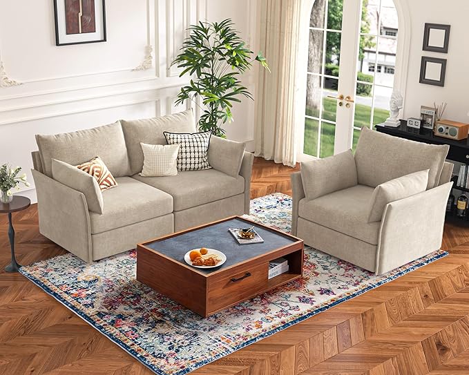 Oversized Loveseat Sofa, Modern Modular Sectional Couch Beige Fluffy Chenille Mid Century 2-Seat 24.5" Deep Seat for Apartment, Living Room, Bedroom-Ruum Studio Home