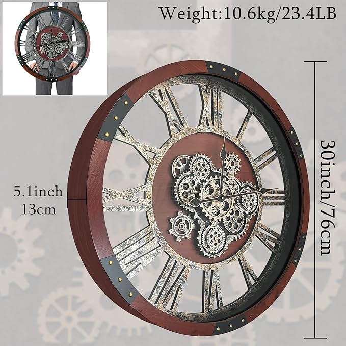 30Inchs Moving Gears Wall Clock, Oversized Wall Clocks, Clock Living Room Decor, Solid Wood Frame, Battery Operated, Large Wall Clock with Steampunk Industrial for Fireplace(Black Walnut)-Ruum Studio Home