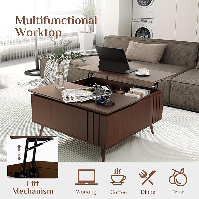 36.2" Lift Top Coffee Table with Storage, Large Square Coffee Tables with Hidden Compartment, Mid Century Modern Center Table for Home Office,Living Room,Dark Walnut-Ruum Studio Home