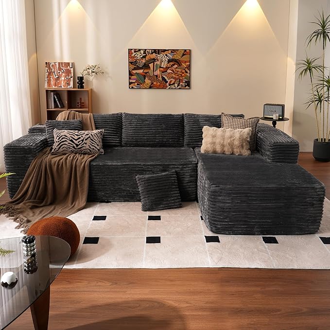 ovios 104" Cloud Sectional Couch with L-Shape Chaise,Modern Modular Sofa with Deep Seat, Upholstered Couches for Living Room Bedroom,No Assembly Required, Grey (Plush Corduroy Fabric)-Ruum Studio Home