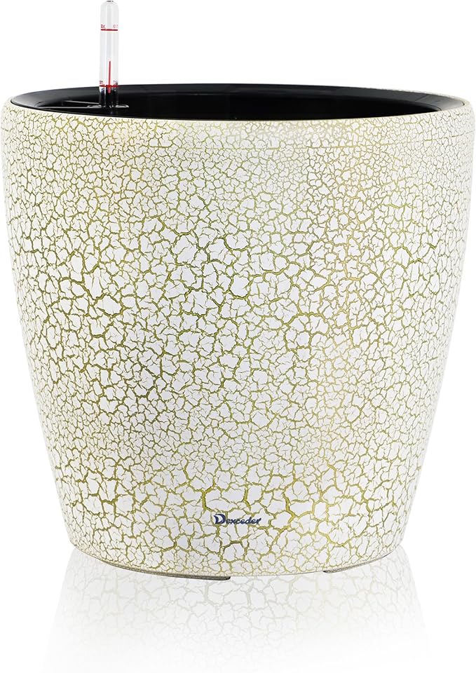 Dexceder 18x17 Self Watering Planter with Wheels Indoor Outdoor, Inner Pot Design, Thickened Large Floor Standing Flower Plant Pot with Water Level Indicator (White Gold Crackle)-Ruum Studio Home