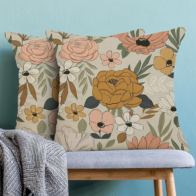 CXMEIFLY Spring Floral Pillow Covers 16 x 16 Inch Set of 2 for Vintage Mustard Yellow Pink Flowers Decor Throw Pillows Plant Cream Outdoor Decorative Cushion Cases for Couch Bed Decorations-Ruum Studio Home