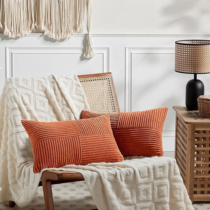 Fancy Homi Set of 2 Burnt Orange Lumbar Decorative Throw Pillow Covers 12x20 Inch for Living Room Couch Bed, Boho Farmhouse Fall Home Decor, Soft Corduroy Corss Patchwork Cushion Case 30x50 cm-Ruum Studio Home