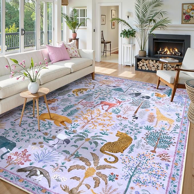 OJIA Animal Washable Area Rug 8x10, Boho Rugs for Living Room Playroom 8 x 10 Kids Bedroom Rugs, Non-Slip Ultra-Thin Indoor Large Floor Carpet for Dining Room Nursery Farmhouse-Ruum Studio Home