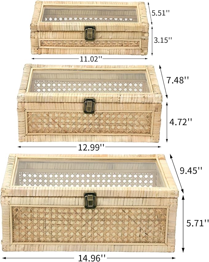 Rattan Decorative Boxes with Glass Lids, Set of 3 Sizes Boho Natural Hand-woven Cane Home Decor Organizers Storage Bins, Display Boxes Natural Finish-Ruum Studio Home