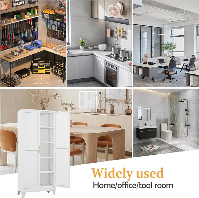 White Pantry Storage Cabinet,71" Kitchen Pantry with Doors and 4 Adjustable Shelves, Metal Storage Cabinet, for Office, Home, Garage, School-Ruum Studio Home