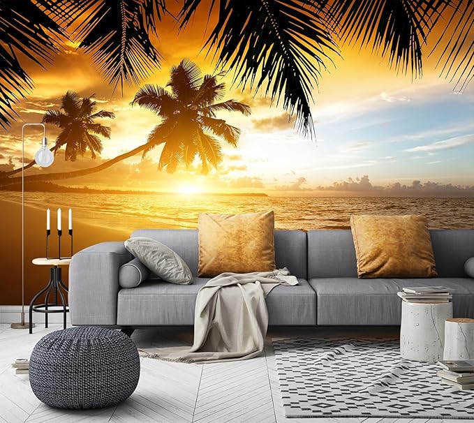 WFBHUA-Tropical Beach Wallpaper Dusk Waves Palm Tree Leaf Coconut Tree Wall Mural for Living Room Bedroom (Not Peel and Stick)-Ruum Studio Home