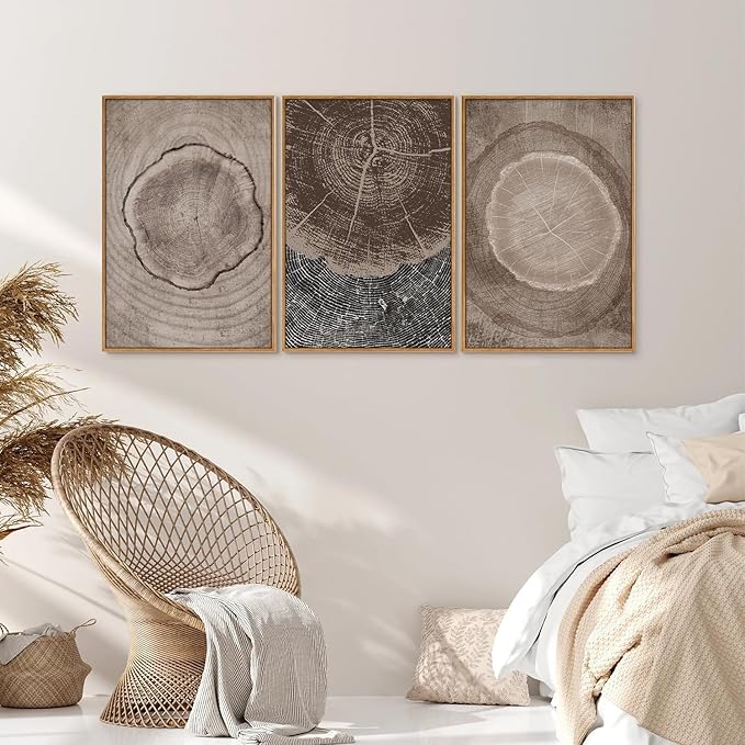 SIGNINART Beige Tree Ring Framed Canvas Wall Art Set, Abstract Black and White Rustic Wood Wall Decor, Neutral Wood Stump Artwork, Modern Art Prints for Bedroom Living Room Office 16"x24"x3-Ruum Studio Home