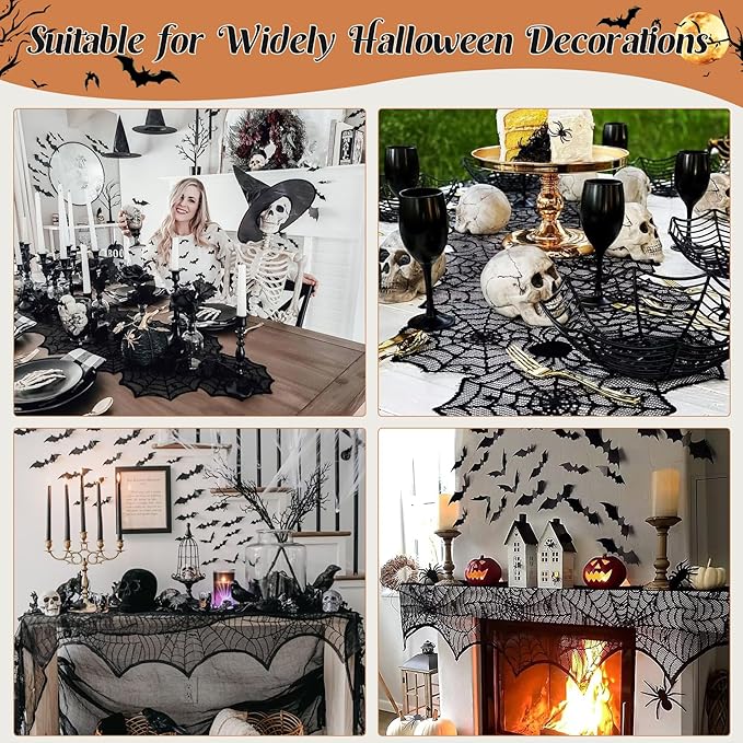 3 Pack Halloween Decorations Sets, Black Lace Spider Webs Table Runner & Halloween Cobweb Fireplace Scarf with 120 pcs 3D Bat for Halloween Indoor Decors Party Supplies-Ruum Studio Home