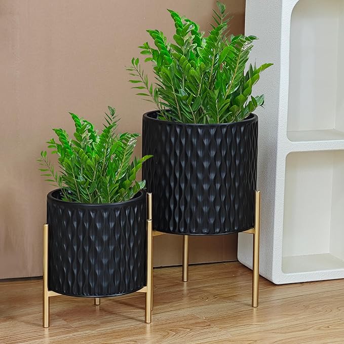 ARNIS Plants Pots with Stand, Set of 2 Planters, Unique Mid Century Decorative Metal Flower Pots with Drainage, 8.25 & 10.5 Inch, Black-Ruum Studio Home