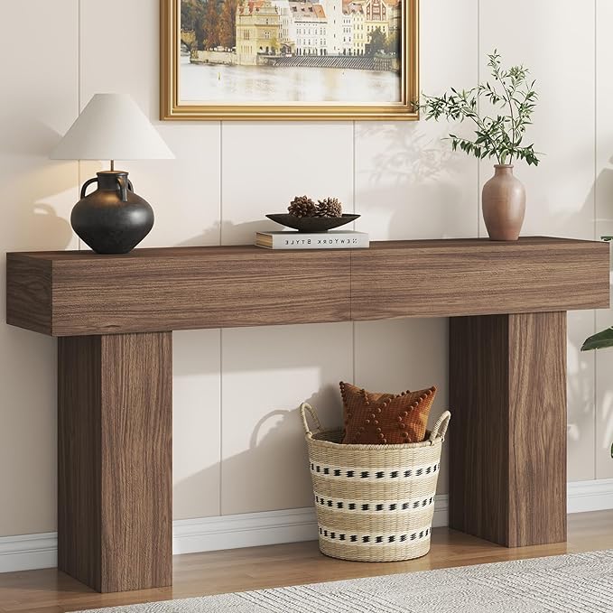 63 Inch Long Console Table for Entryway, Farmhouse Wood Rectangular Sofa Table Behind Couch Table, Narrow Entryway Table for Living Room, Entrance, Hallway, Foyer, Easy Assembly (Brown)-Ruum Studio Home