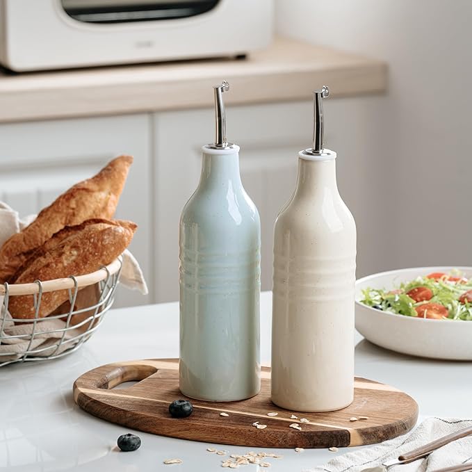famiware Jupiter 16oz Ceramic Olive Oil Dispenser Bottle, Olive Oil and Vinegar Dispenser Bottle Set of 2 with Stainless Steel Pourers, Suitable for Storage Vinegar, Light Blue & Vanilla White-Ruum Studio Home