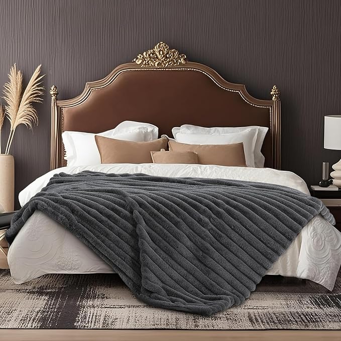 Amélie Home Faux Fur Throw Blanket for Couch, Ultra Cozy Fuzzy Fluffy Fur Luxurious Soft Striped Plush Gift Blankets for Family Sofa Chair Bed Living Room Bedroom, 60"x80", Ionic Wolf Gray-Ruum Studio Home