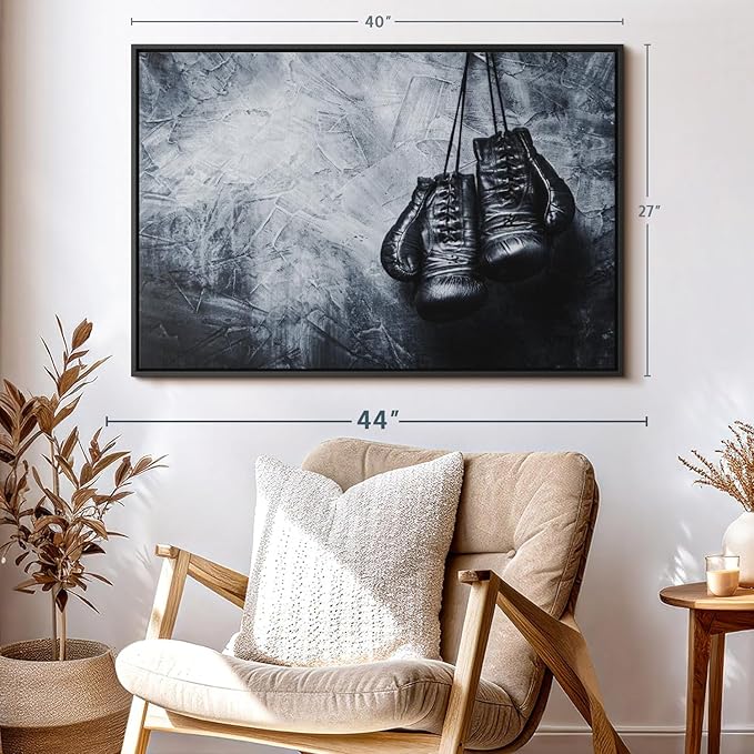 ElephantStock Boxing Gloves Wall Art - Horizontal Framed Canvas - 1-Piece Living Room Wall Decor - Photography Sports Canvas Print - Black and Gray Decor for Wall - 40" X 27"-Ruum Studio Home