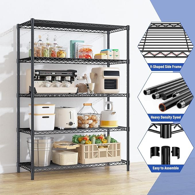 5 Tier Storage Shelves 71"H Wire Shelving Adjustable Metal Shelving,1000LBS Pantry Shelves Sturdy Steel Wire Shelf for Kitchen School Pantry Garage Warehouse ,71"H X35.5"W X13.8"D, Black,2P-Ruum Studio Home