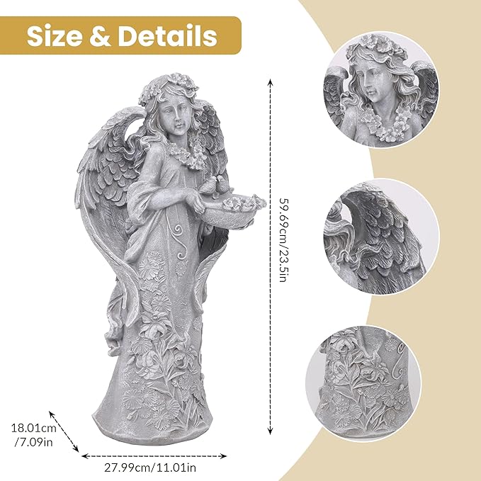Outdoor Statues Angel Décor Garden Statue- 23.5" H Angel Statue,Resin Angel with Bird Figurine, Ideal for Yard, Patio, Deck, Home Entryway, and Hallway（Grey）-Ruum Studio Home
