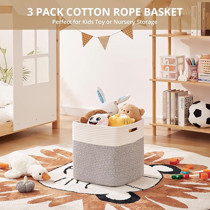 OIAHOMY 13 Kallax Inch Cube Storage Bins, 3-Pack Cotton Rope Woven Baskets for Organizing, Kallax Insert Storage Baskets for Shelves, Baby Nursery, Closet Organizer, 13*13*12.6IN, Grey & White-Ruum Studio Home