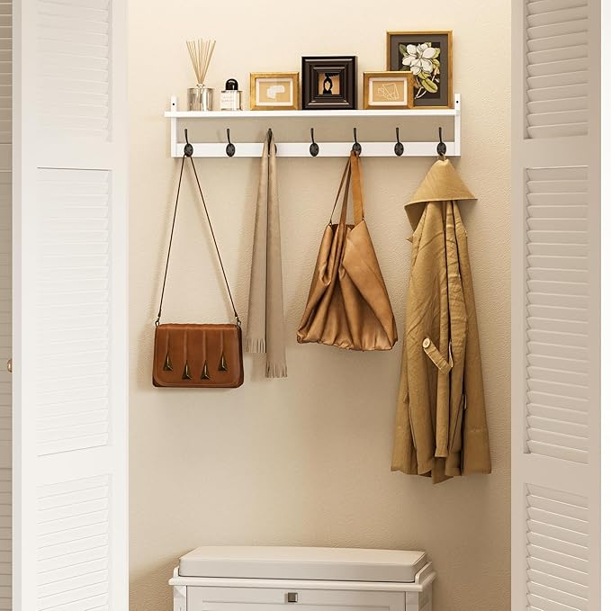 BAMEOS 35" L Wall Hooks with Shelf, Entryway Coat Hooks for Wall with Shelf, Wood Wall Hanging Shelf, Wall-Mounted Coat Rack with 7 Dual Metal Hooks for Bathroom, Kitchen, Living Room, Bedroom (White)-Ruum Studio Home