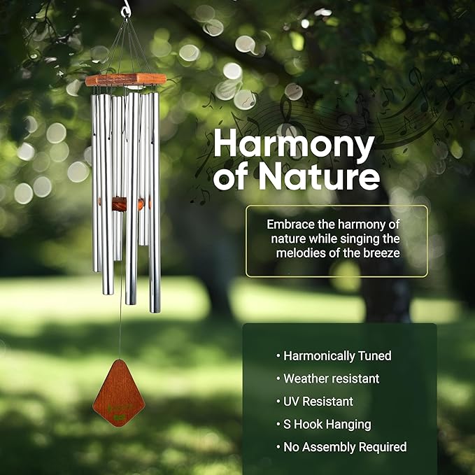 Nature’s Melody Premiere Grande Tunes Wind Chimes – Outdoor Windchime with 6 Tubes Tuned to E Pentatonic Scale, Rustproof Aluminum, Beech Wood & S Hook Hanger for Sympathy, Memorial Gift or Zen Garden-Ruum Studio Home