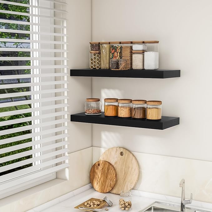 RICHFOCUS 31.5Inch Floating Shelves for Wall 2 Pack Shelves for Bedroom|Kitchen|Bathroom Wall Mounted Rustic Wood Floating Shelf with Invisible Brackets for Books|Storage|Decor, Black-Ruum Studio Home