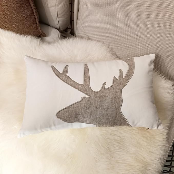 Lumbar Pillow Covers 12x20 Inches Deer Decorative Cotton Linen Deer Head Throw Lumbar Waist Embroidered Cushions Covers for Couch Sofa Bedroom White-Ruum Studio Home