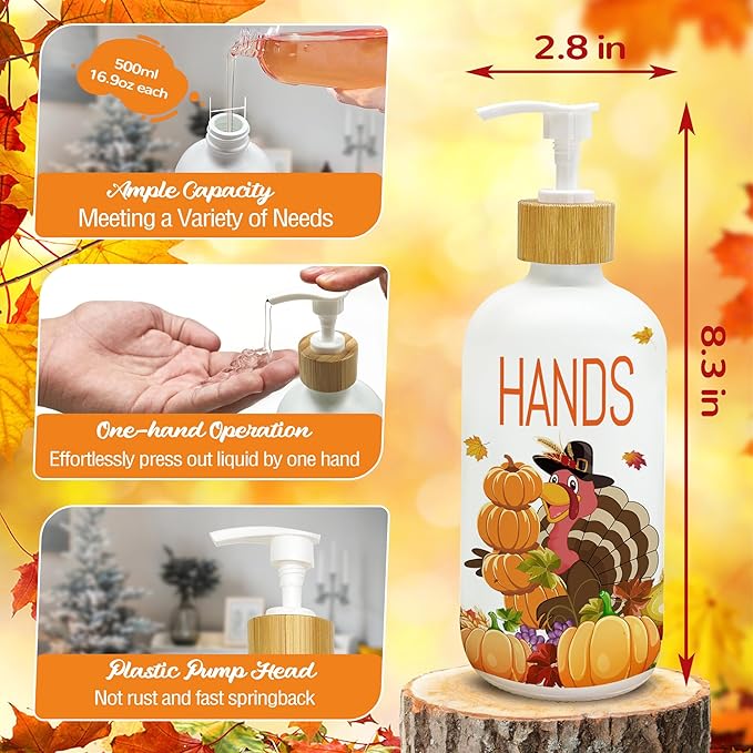 Hexagram Thanksgiving Decorations Indoor, Thanksgiving Kitchen Soap Dispenser Set of 2, Turkey Glass Soap Dispenser for Home Decor, Turkey Refillable Lotion Essential Oil Dispensers with Pump-Ruum Studio Home