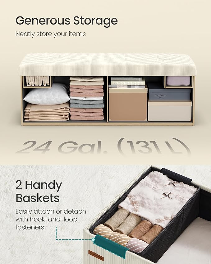 SONGMICS MAZIE Collection - Storage Ottoman Bench, Foldable Foot Rest, 15 x 43 x 15 Inches, End of Bed Bench, Storage Chest, Load 660 lb, Living Room, Bedroom, Entryway, Cream White ULSF604W01-Ruum Studio Home