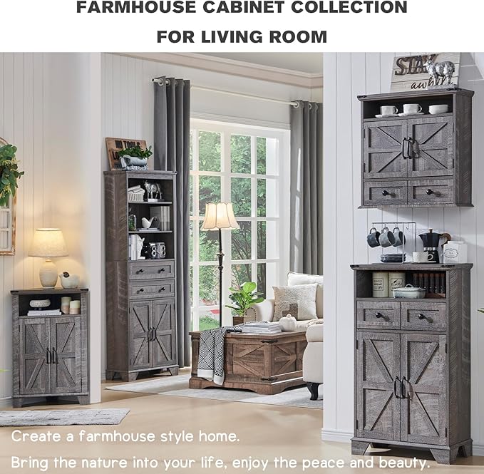 Bathroom Floor Cabinet, Farmhouse 24" Wide Cabinet with Drawer, Adjustable Shelf, Barn Doors, Cabinets for Bathroom, Kitchen, Living Room, Grey Wash-Ruum Studio Home