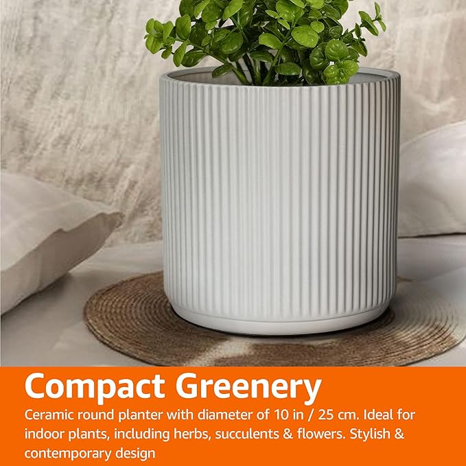 Amazon Basics Fluted Ceramic Round Planter, 10 in, White-Ruum Studio Home