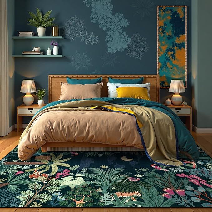 LIVEBOX 6x9 Jungle Dark Rug Dining Room Rugs for Under Table, Soft Modern Green Rugs for Living Room, Washable Kids Rug for Boy Bedroom, Non-Skid Kids Carpet Playmat for Play-Ruum Studio Home