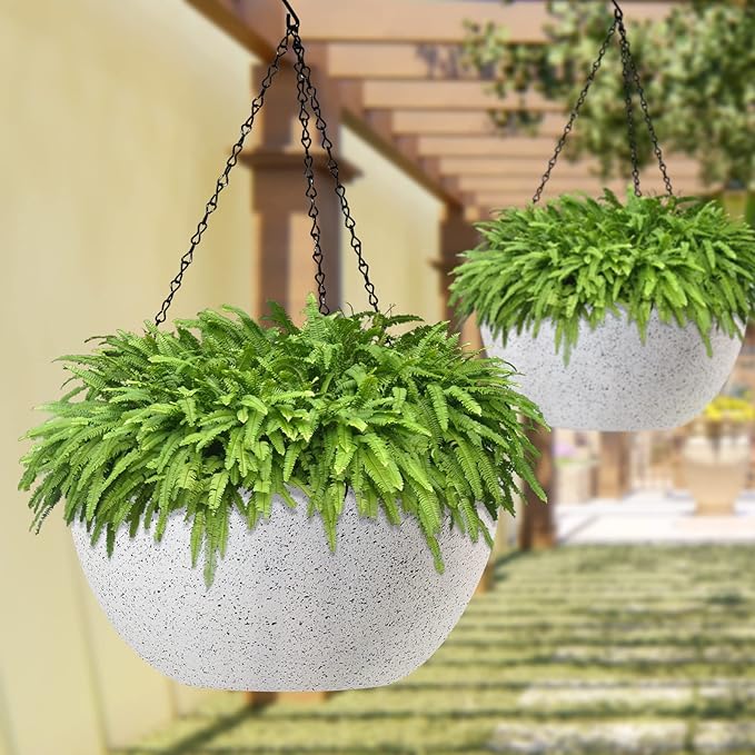 WOUSIWER 13 inch 2Pack Large Hanging Planters for Outdoor Indoor Plants with Drainage Holes and Chain, Round Hanging Flower Pots for Garden Home Porch Decor, White Speckles-Ruum Studio Home