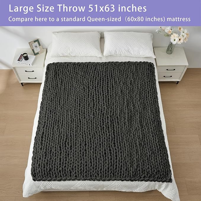 Bigacogo Chunky Knit Throw Blanket for Couch, 51x63 inches, 100% Hand Knitted with Thick Jumbo Chenille Yarn, Cozy Soft Large Rope Knot Cable Crochet Blankets for Sofa Bed Living Room, Dark Grey-Ruum Studio Home