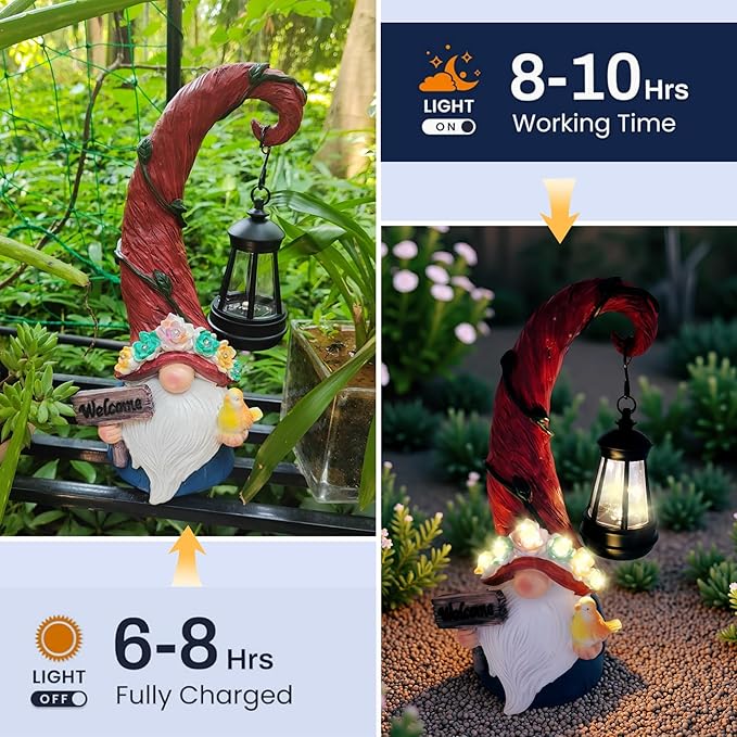 Solar Outdoor Figurine Lights Gnome Garden Decor Statue with LED Flowers & Lantern, Glowing Fairy Yard Decorations for Outside Patio Yard Front Porch, Housewarming Home Decor Gifts Thanksgiving-Ruum Studio Home