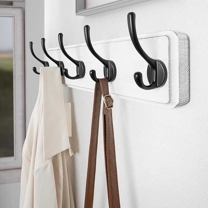 SKOLOO Rustic Wall Mounted Coat Rack, 16 inches Hole to Hole, Case of 2, Pine Solid Wood Coat Hook Hanger - 5 Hooks for Hanging Clothes Robes Towels Coats-Ruum Studio Home