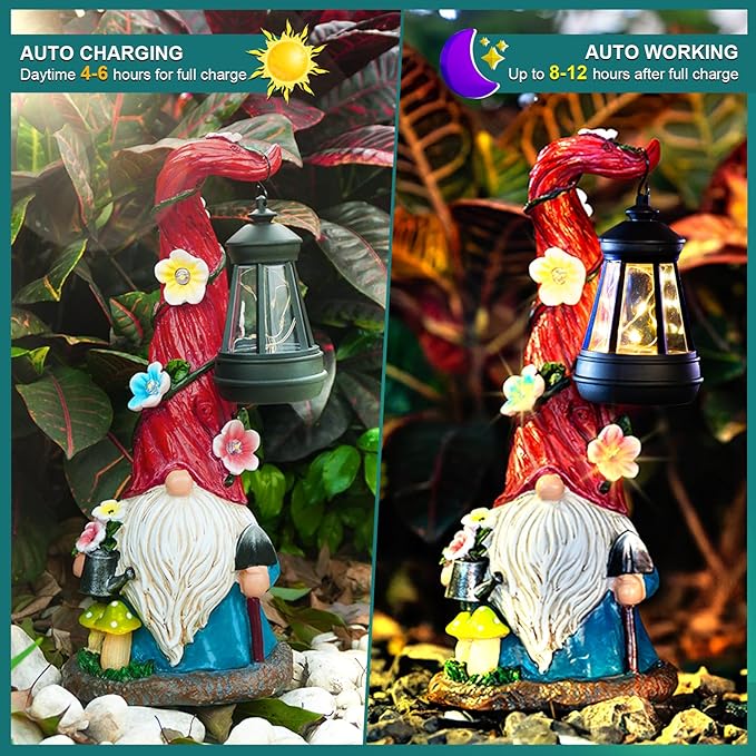 Solar Gnome Garden Statue Lights Gnome Figurine with Solar Lantern, Outdoor Garden Waterproof Ornaments Decorations for Yard Lawn Patio – Ideal Gift for Women Mom Grandma-Ruum Studio Home